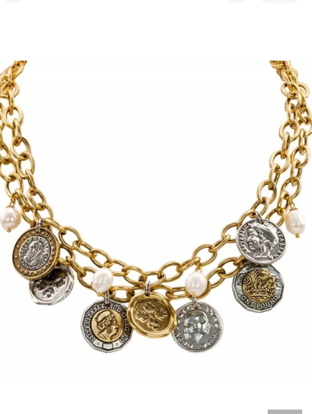 Patricia Nash Necklace Double Charm World Coin & Freshwater Pearls